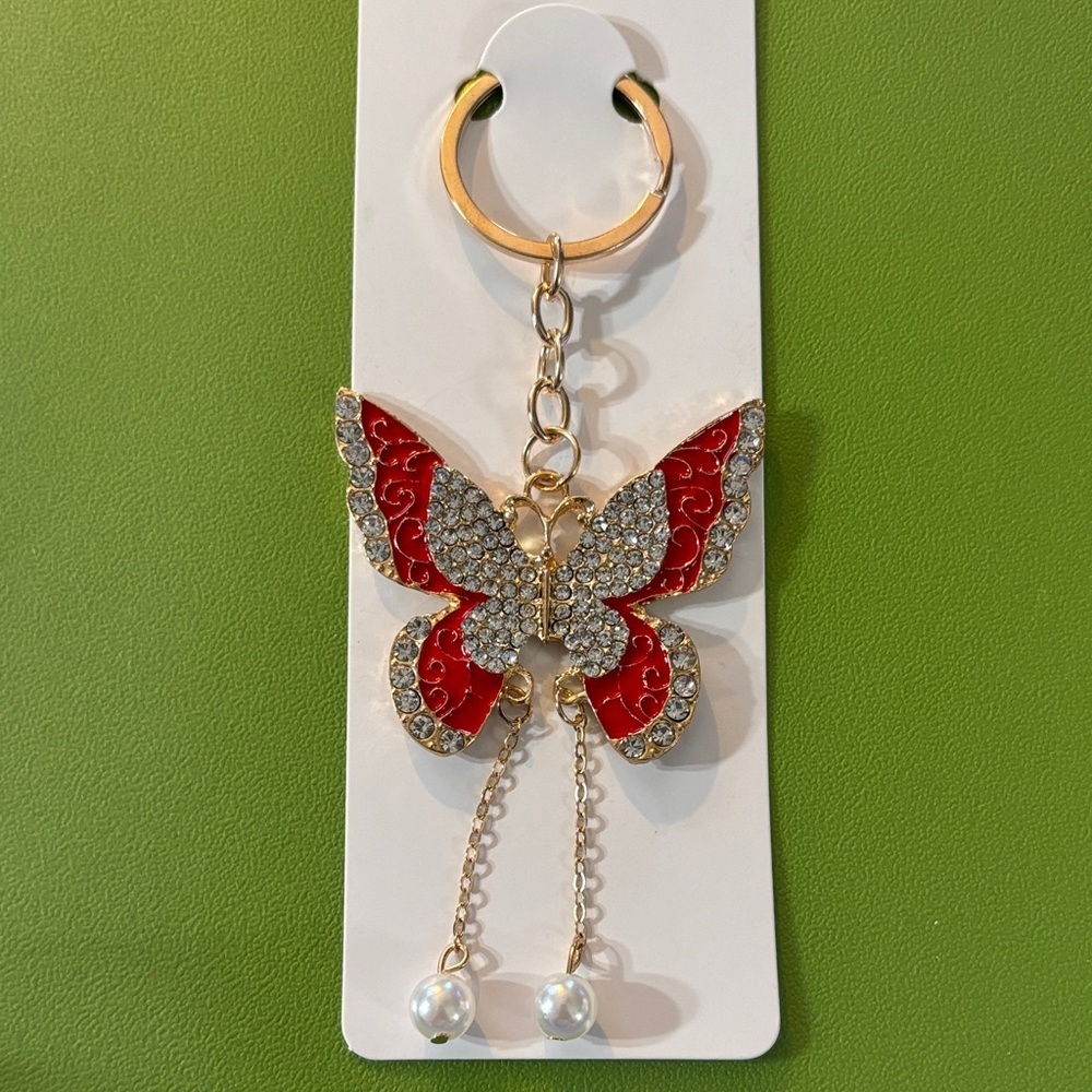 Red and Gold Butterfly w/ Crystals Keychain